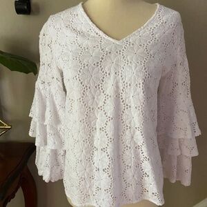 Jade  White Eyelet Tiered Sleeve Top XS